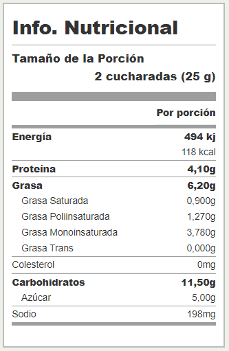 Información nutricional del Maní japones, maní crujiente