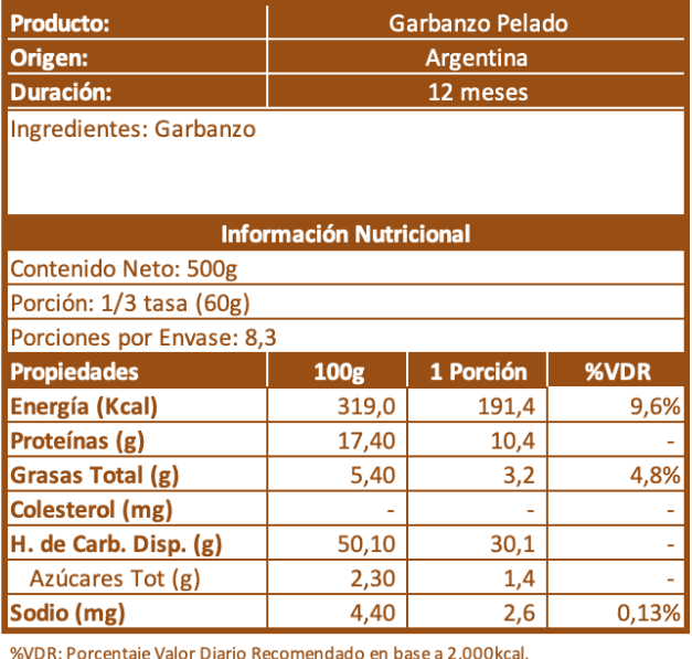 Garbanzo pelado 500 Gr.